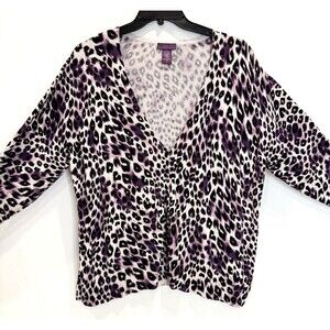 Beverly Drive Womens 3X Plus Size Leopard Print Cardigan Purple Black Button